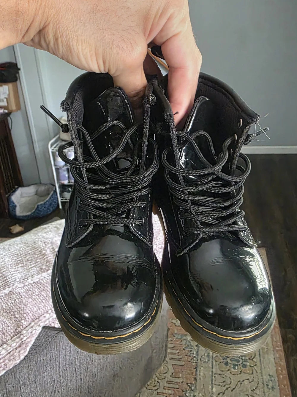 Dr. Martens 1460 Black Patent Lace-Up Ankle Boot with Yellow Stitching